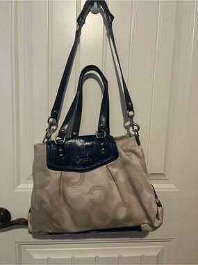 Coach Beige Signature Tote with Navy Leather Trim